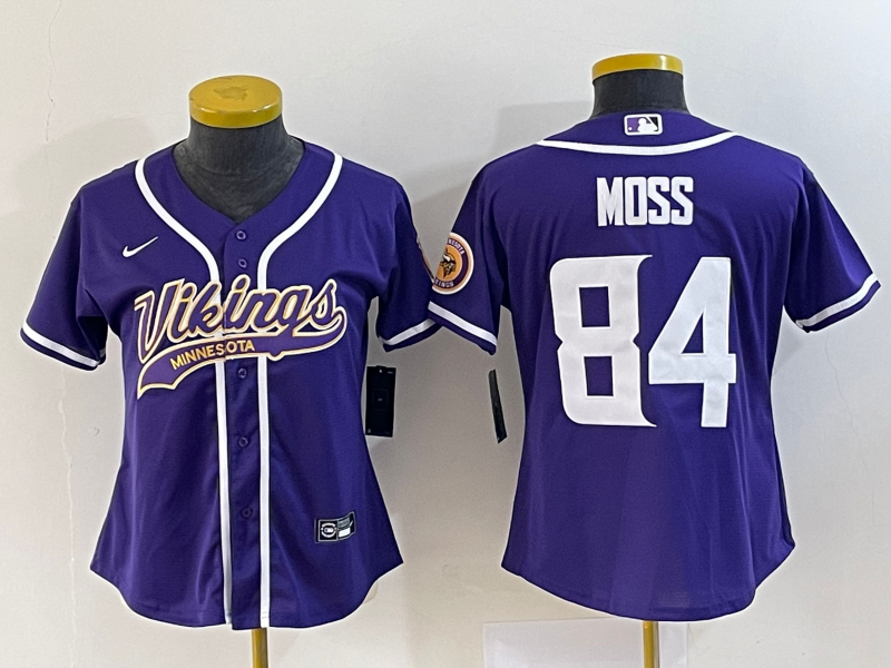 Women's Minnesota Vikings #84 Randy Moss Purple With Patch Cool Base Stitched Baseball Jersey(Run Small)